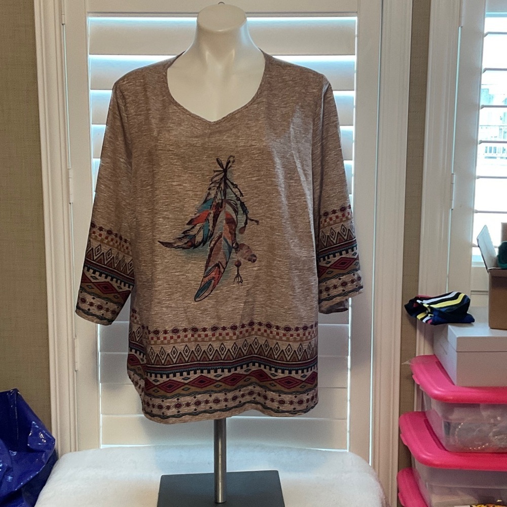 Emily Rose Beige Feather Print Tunic